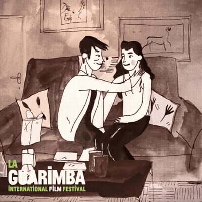 A Poster For La Guarimba International Film Festival Shows A Man And A Woman Sitting On A Couch GIF
