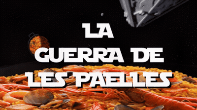 A Poster For La Guerra De Les Paelles With A Bowl Of Rice And Shrimp GIF