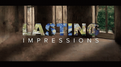 A Poster For Lasting Impressions Shows A Room With Paintings On The Walls GIF