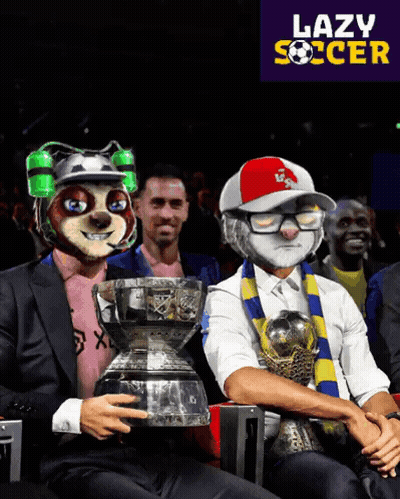 A Poster For Lazy Soccer Shows A Man Holding A Trophy Next To Another Man GIF