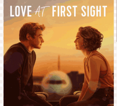 A Poster For Love At First Sight Shows A Man And Woman Looking At Each Other GIF