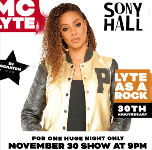 A Poster For Lyte As A Rock Shows A Woman In A Gold Jacket GIF