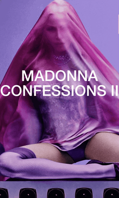 A Poster For Madonna 'S Confessions Ii Features A Woman In A Purple Dress GIF