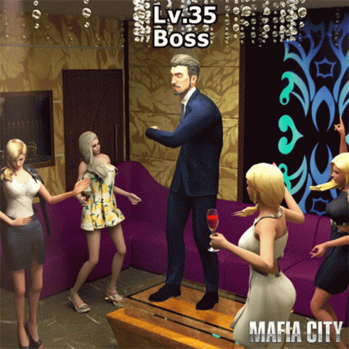A Poster For Mafia City Shows A Man In A Suit Surrounded By Women GIF
