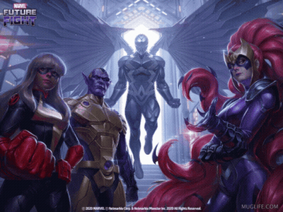 A Poster For Marvel Future Fight Shows A Group Of Superhero Characters GIF