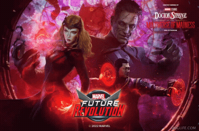 A Poster For Marvel Future Revolution Showing Doctor Strange Scarlet Witch And Doctor Strange GIF
