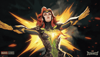 A Poster For Marvel Games Rivals Shows A Woman In A Superhero Costume GIF
