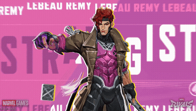 A Poster For Marvel Games Shows Gambit In A Purple And Brown Suit GIF