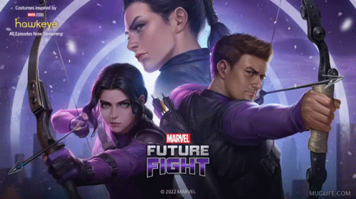A Poster For Marvel 'S Future Fight Showing Hawkeye GIF