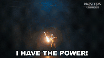A Poster For Masters Of The Universe Shows A Man Holding A Lightning Bolt And Says I Have The Power GIF