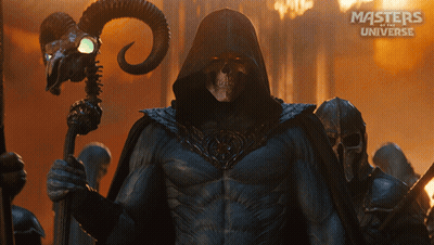 A Poster For Masters Of The Universe Shows A Man With A Skull On His Face GIF
