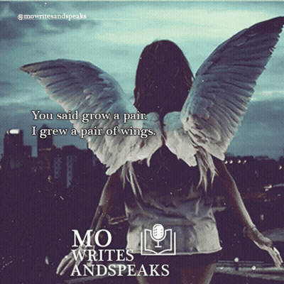 A Poster For Mo Writes And Speaks With A Woman With Wings GIF