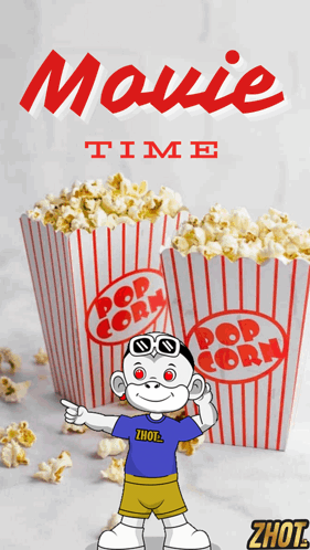 A Poster For Movie Time Shows A Monkey Pointing At A Striped Bucket Of Popcorn GIF