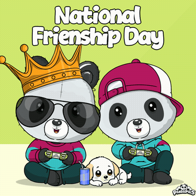 A Poster For National Friendship Day Shows Two Panda Bears Playing Video Games GIF
