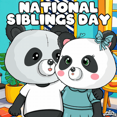 A Poster For National Siblings Day With Two Panda Bears Hugging GIF