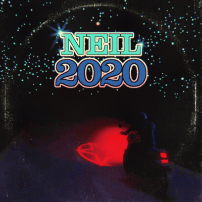 A Poster For Neil 2020 With A Man On A Motorcycle In The Foreground GIF