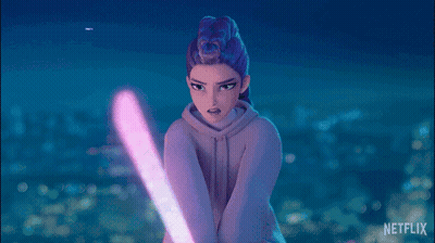 A Poster For Netflix Shows A Girl Holding A Pink Light Saber GIF