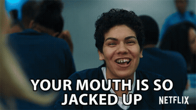 A Poster For Netflix Shows A Woman With Gold Teeth And The Words " Your Mouth Is So Jacked Up " GIF