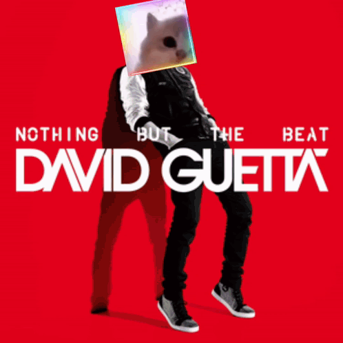 a poster for nothing but the beat david guetta shows a man with a cat on his head