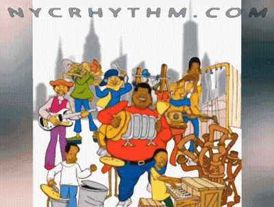 A Poster For Nycrhythm.com Features A Cartoon Of A Group Of Musicians GIF