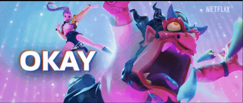 A Poster For Okay Shows A Cartoon Character And A Monster GIF