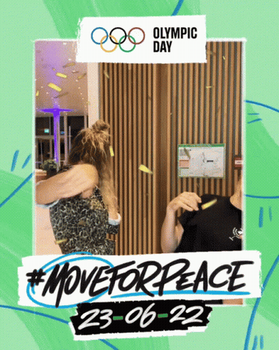 A Poster For Olympic Day With Two People Hugging GIF