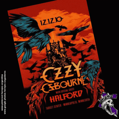 A Poster For Ozzy Osbourne With A Crow On Top GIF