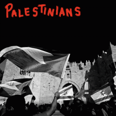 A Poster For Palestinians Shows A Crowd Of People Holding Flags In Front Of A Castle GIF