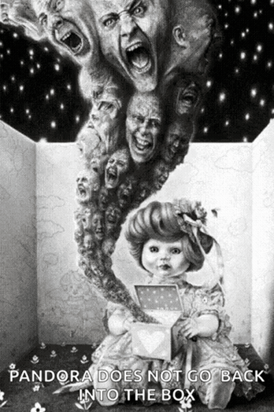 A Poster For Pandora Does Not Go Back Into The Box Features A Doll GIF