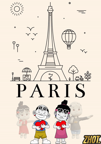 A Poster For Paris With A Boy And Girl Holding Hearts In Front Of The Eiffel Tower GIF