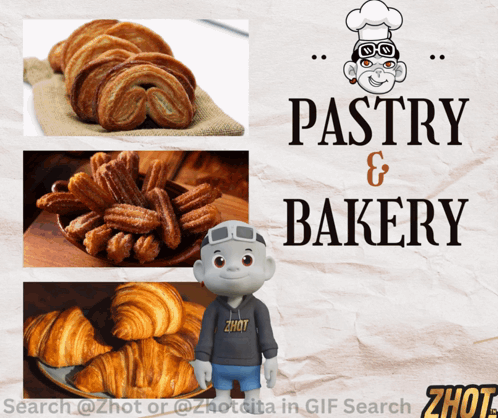 A Poster For Pastry And Bakery With A Character Wearing A Zhot Shirt GIF