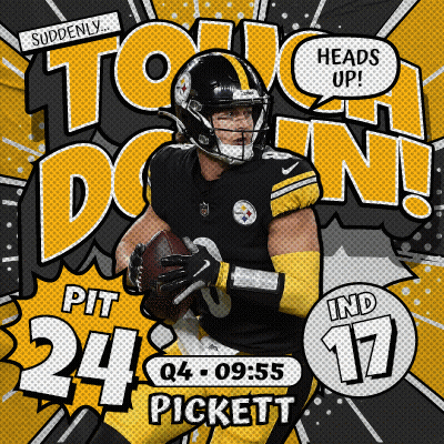 A Poster For Pittsburgh Steelers Quarterback Pickett Holding A Football GIF