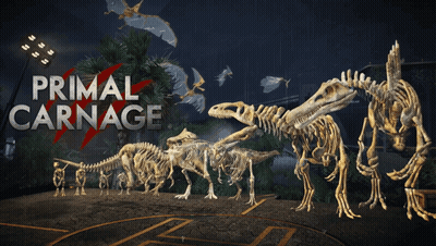 A Poster For Primal Carnage Shows A Group Of Dinosaurs GIF