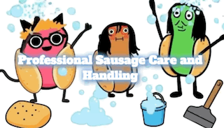 A Poster For Professional Sausage Care And Handling Shows Cartoon Characters GIF
