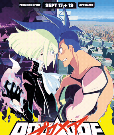 A Poster For Promare Shows A Man And Woman Facing Each Other GIF