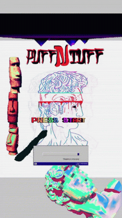 A Poster For Puff Tuff With A Statue Of A Man GIF