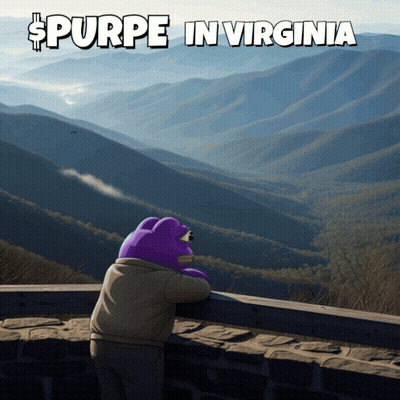 A Poster For Purpe In Virginia Shows A Purple Teddy Bear Looking Out Over Mountains GIF