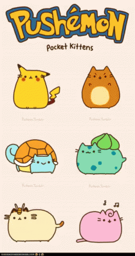 A Poster For Pushemon Pocket Kittens Shows A Turtle Pikachu A Cat And A Frog GIF