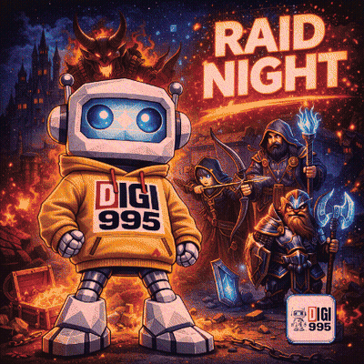 A Poster For Raid Night Shows A Robot Wearing A Digi 999 Hoodie GIF