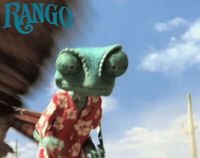 A Poster For Rango Shows A Chameleon Wearing A Red Shirt GIF