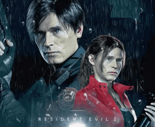 A Poster For Resident Evil 2 Shows A Man And A Woman Standing Next To Each Other GIF