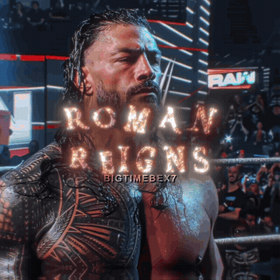 A Poster For Roman Reigns Shows A Man Standing In A Ring GIF
