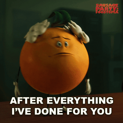 A Poster For Sausage Party Foodtopia Shows A Surprised Orange With Arms And Legs GIF