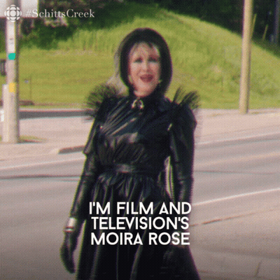 A Poster For Schitts Creek Shows A Woman In A Black Dress And Gloves GIF