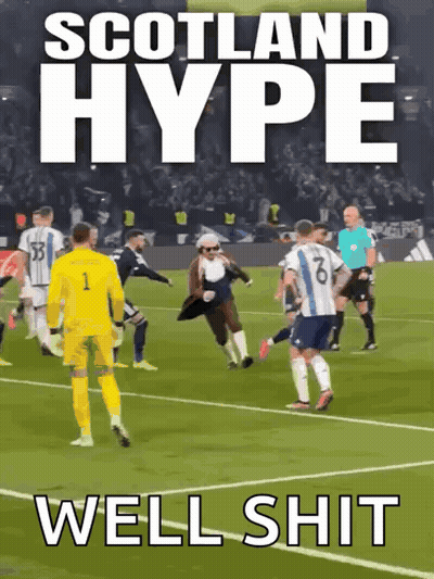 A Poster For Scotland Hype Shows A Man In A Tuxedo On A Soccer Field GIF