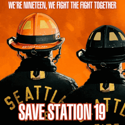 A Poster For Seattle Save Station 19 With Two Firefighters GIF