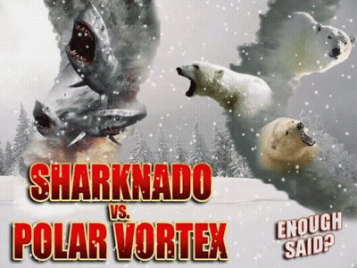A Poster For Sharknado Vs Polar Vortex Shows Sharks And Polar Bears In The Snow GIF
