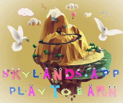 A Poster For Skylands App Play To Earn With A Mountain GIF