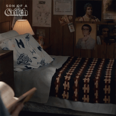 A Poster For Son Of A Glitch Shows A Man Jumping Into A Bed GIF