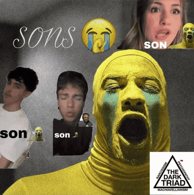 A Poster For Sons The Dark Triad Shows A Man In A Yellow Mask Crying GIF